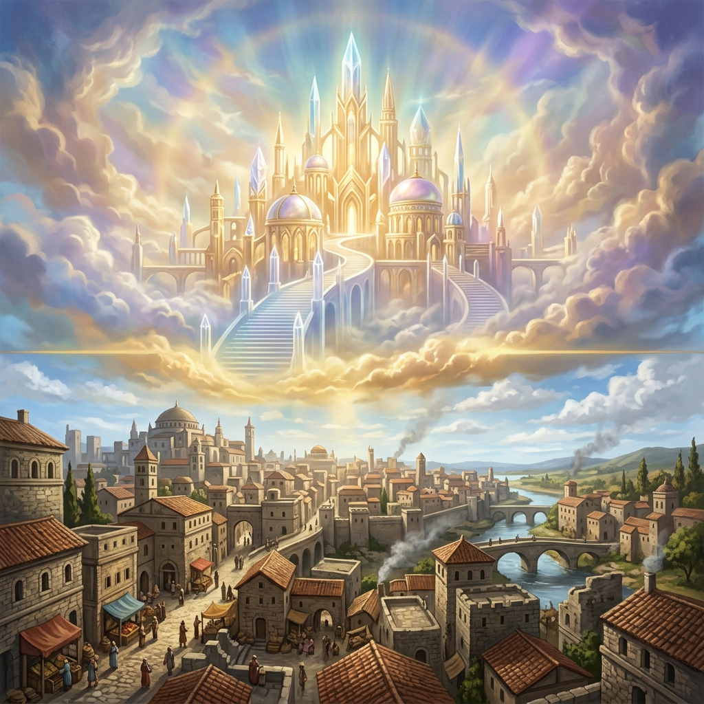Medieval city with stone buildings and bridges beneath a glowing palace in the sky