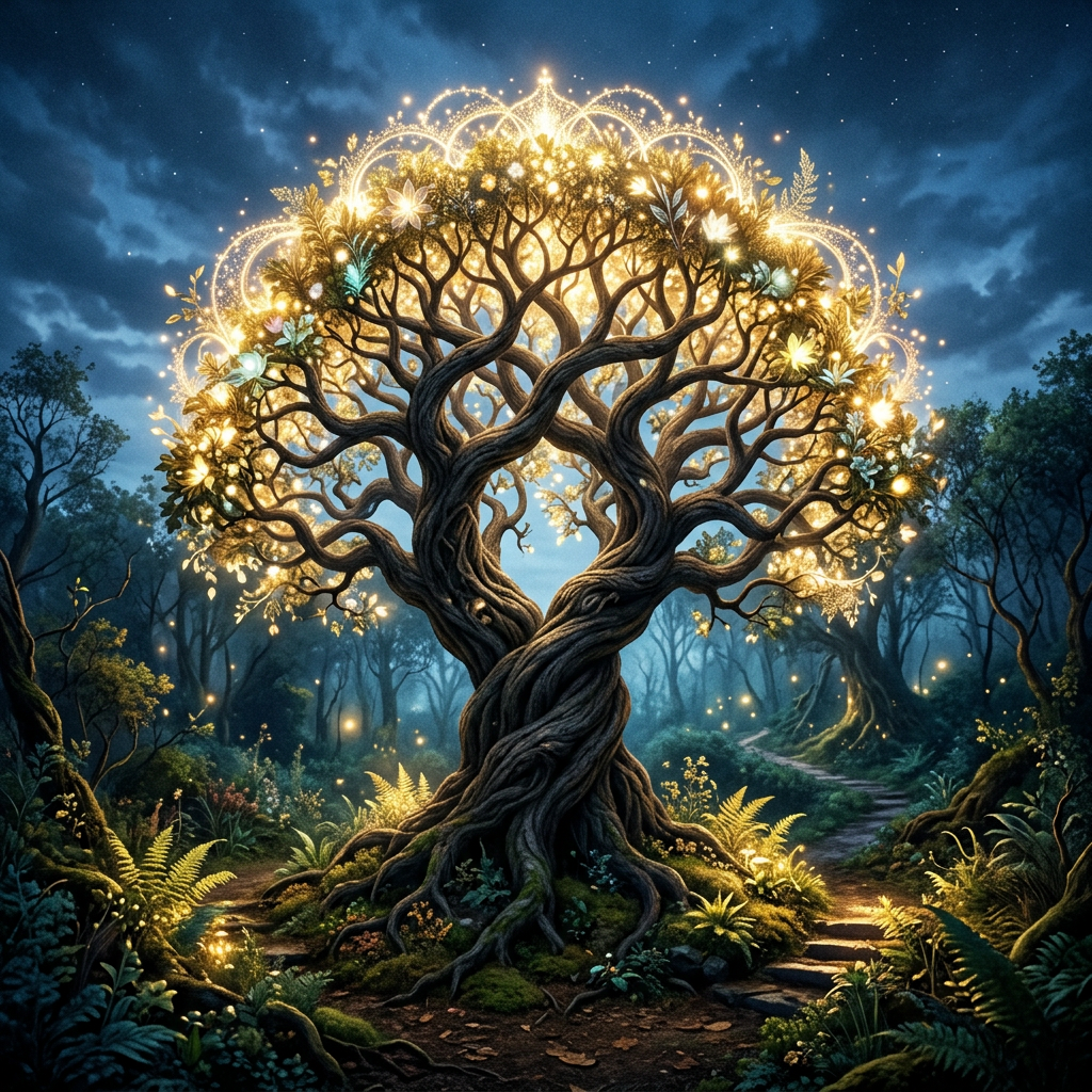 Twisting tree with glowing flowers and lights in a dark forest at night