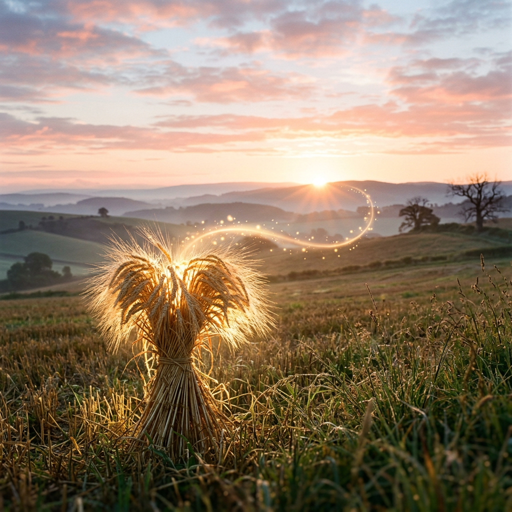Bundle of wheat in a field illuminated by a sunset with a glowing light trail