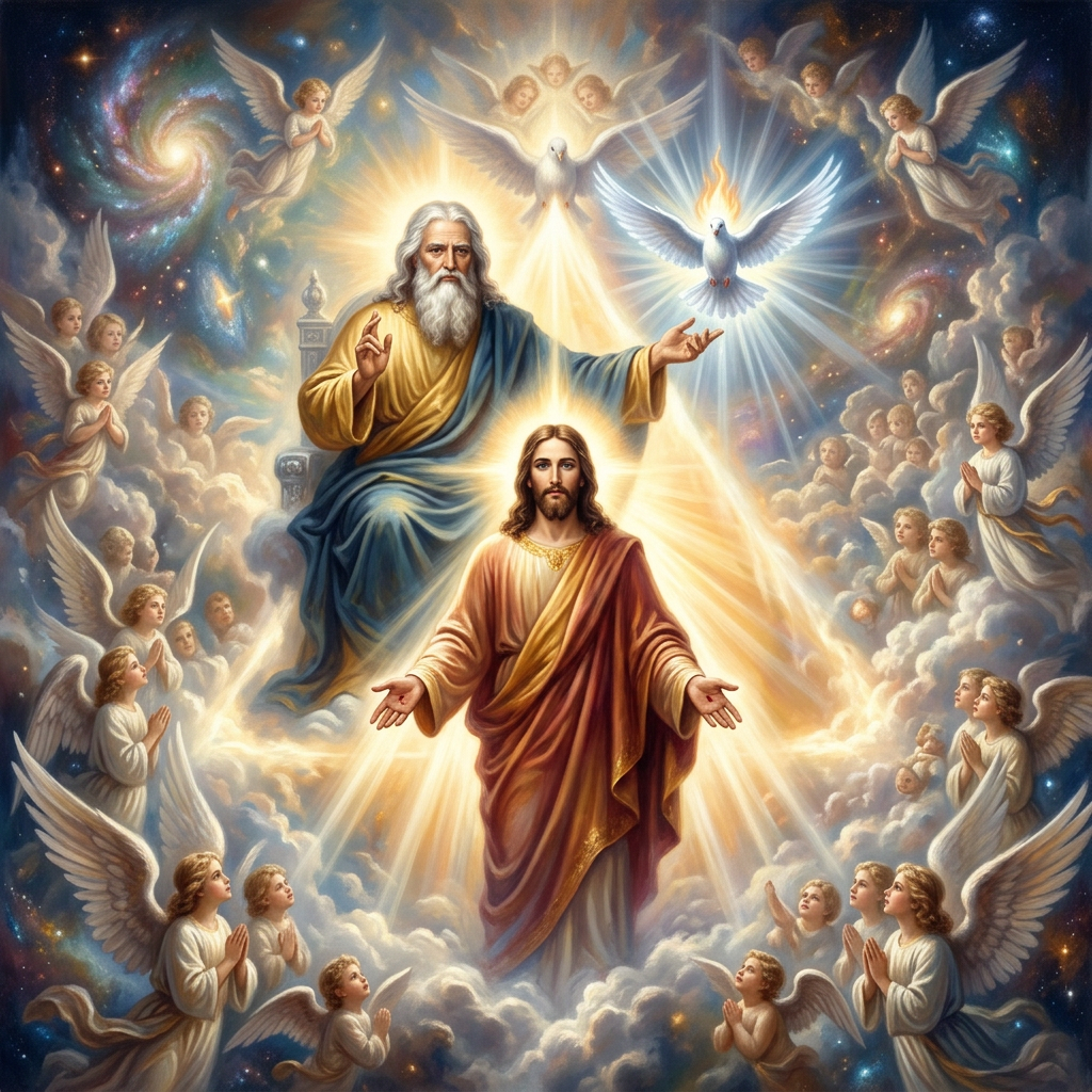 Jesus, God the Father, and doves surrounded by angels and clouds