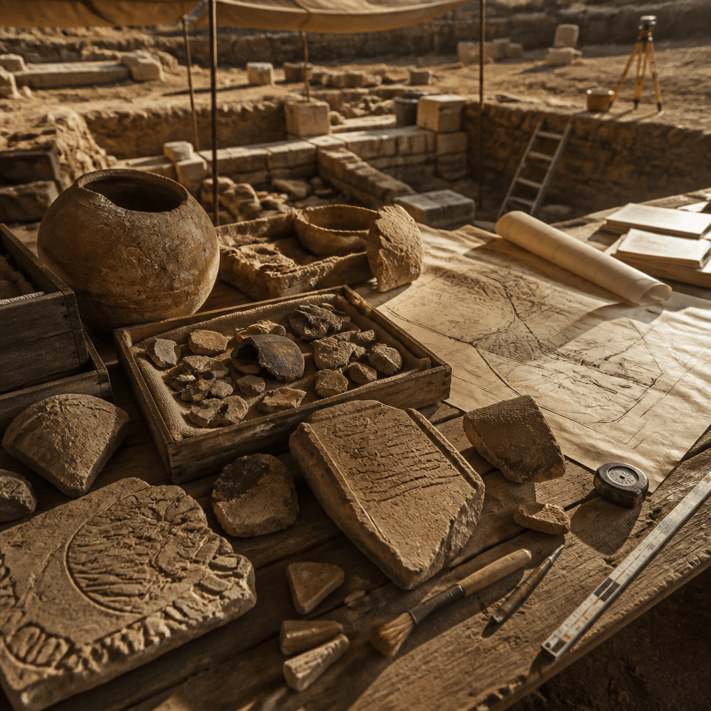 Archaeological artifacts and tools arranged beside an ancient excavation site