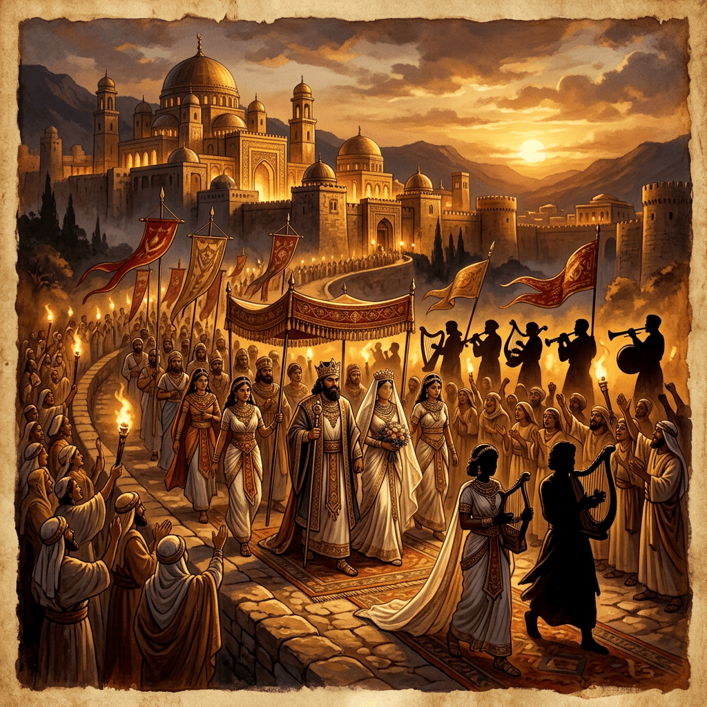 Royal wedding procession with musicians before a domed palace at sunset